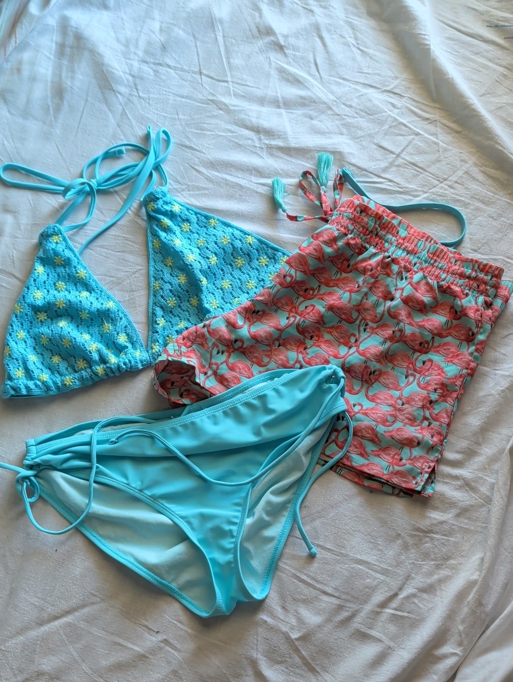 Decree Aqua Blue Bikini Set with Coral Flamingo Swim Shorts Vacation Resort Wear